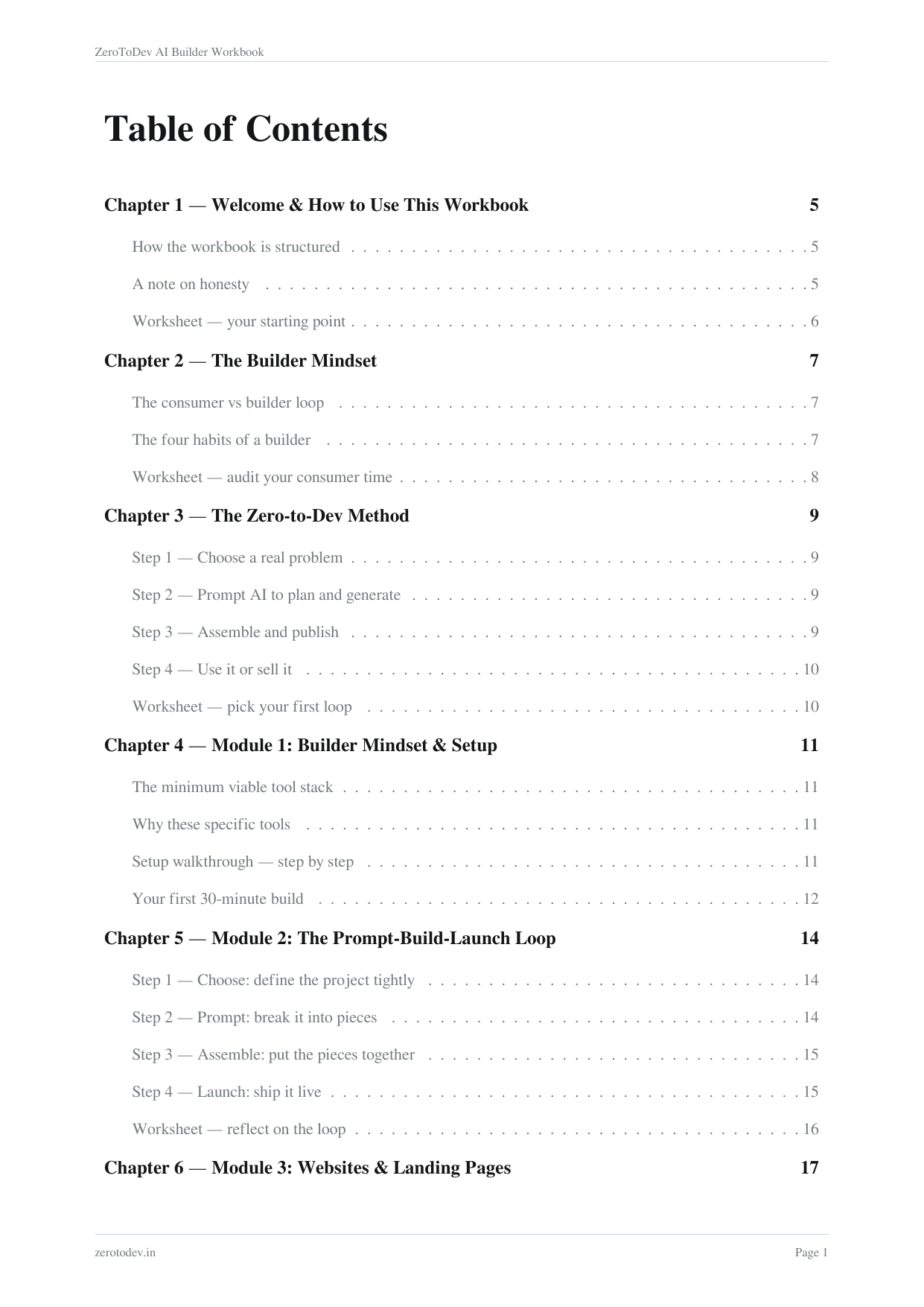 Table of contents page of the ZeroToDev workbook